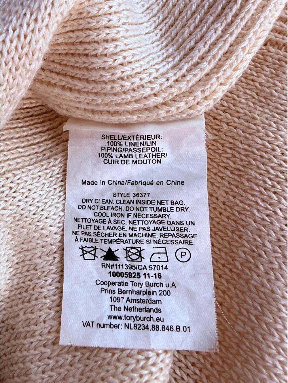 Tory Burch 100% Linen Quarter Zip Sweater Leather Trim Ivory Small